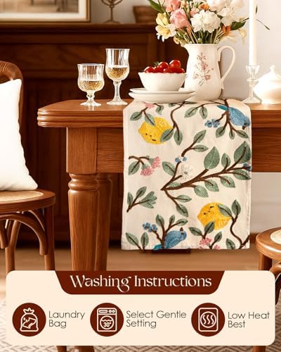 Canvas Embroidered Narrow 13"x 60" Table Runner, Lemon Bird