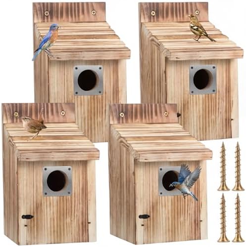 Dreyoo 4 Pack Bluebird Houses for Outside with Metal Predator Guard, 1-1/2" Entrance Hole Wooden Blue Bird Houses for Outdoors, Bluebird Nesting Box(Light Burnt Wood)