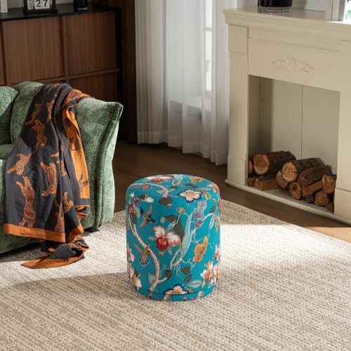 15.7" Swivel Vanity Stool, Floral Velvet Round Ottoman, Teal