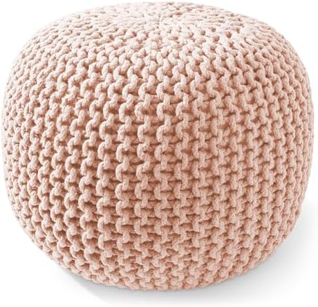 Casafield Round Pouf Ottoman, Light Pink - 20" Diameter x 14.5" High Cotton Knit Foot Stool - Boho Floor Pouffe for Living Room, Bedroom, Home Office