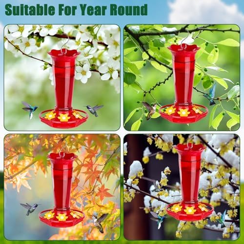 Gbekery 10 OZ Glass Hummingbird Feeders for Outdoors Hanging - Red 2 Pack, Ant & Bee Proof and 6 Feeding Ports, Garden Yard Décor Gifts for Mom