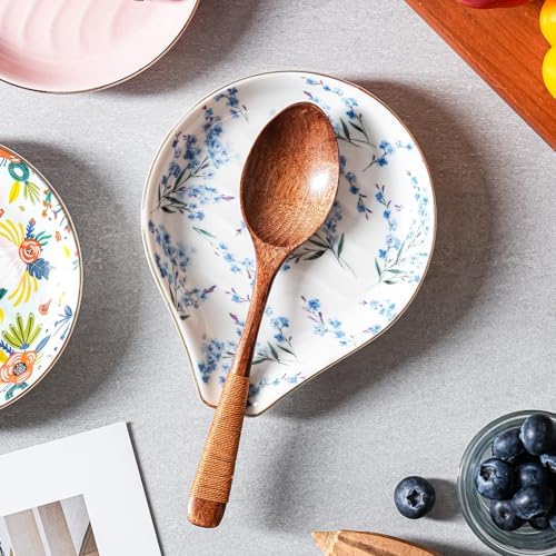 Ceramic Spoon Rest for Stove Top, 5 inch Gold Trim Spoon Holder for Kitchen Counter, Farmhouse Cooking Utensil Holder for Spoons, Ladles, Spatula, Blue Blossom