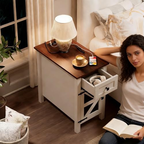 Farmhouse End Table with Charging Station, Narrow Side Tables with Storage