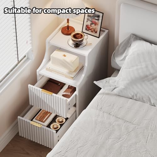 Narrow Nightstand Set of 2,11.8" Fluted Bedside Table Set of 2, Slim Side End Table with 2 Drawers, Wooden Bedside Table, White Wood Night Stand for Bedroom Livingroom Sofa Office