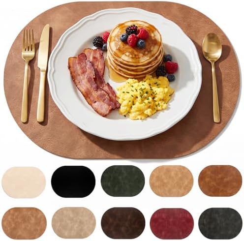 Oval Placemats Set of 8, Wipeable Faux Leather, Light Brown