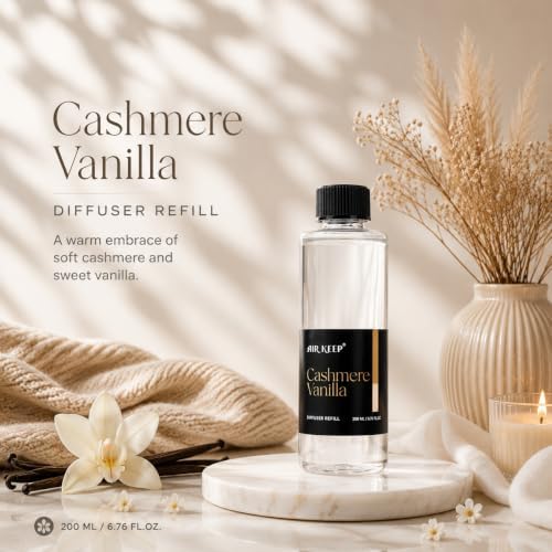 Airkeep Cashmere Vanilla Reed Diffuser Refill – 6.76 fl oz – Premium Scented Oil for Home Aromatherapy – Long-Lasting Fragrance for Reed Diffusers – Perfect for Bathroom, Bedroom & Home Decor
