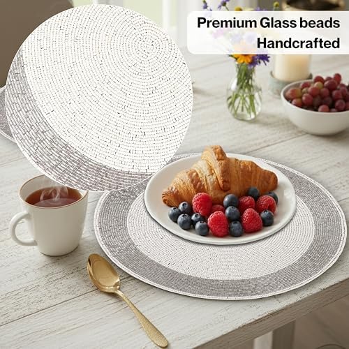 ALPHA Living HOME Beaded Placemats Set of 4 13 Inch Silver White Round Mats