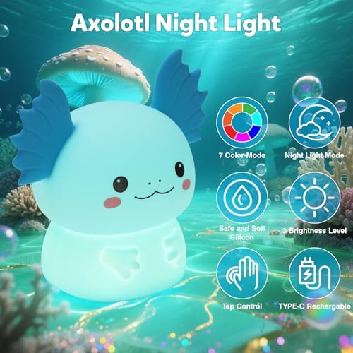 Axolotl Night Light for Kids, 7-Color Changing & 3 Adjustable Brightness Levels,Rechargeable Silicone Bedside Lamp, Animal Night Lamp for Kids Room,Gift for Boys & Girls,Axolotl Nightlight