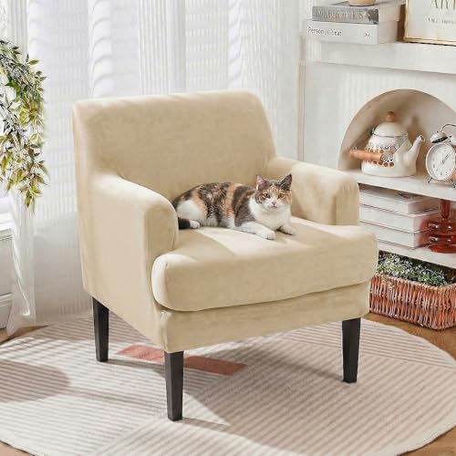 Mid-Century Accent Chair Covers with Cushion Cover Velvet 2 Pieces Upholstered Armchair Slipcovers for Living Room Comfy Sofa Reading Furniture Protector for Apartment Bedroom Office (Beige)