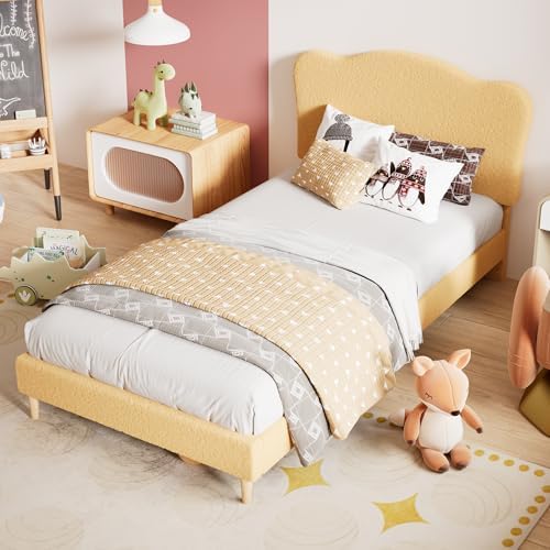 Garvee Upholstered Twin Size Bed Frame for Kids with Scallop Headboard, Cute Velvet Twin Bed for Girls, Boys, Sturdy Platform Bed, No Box Spring Needed, Wooden Slats, Noise Free, Yellow