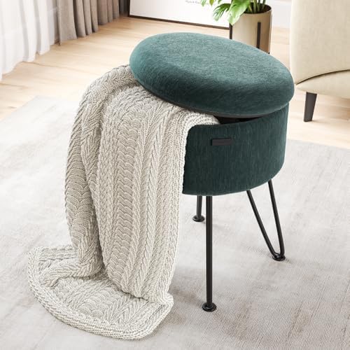 Round Ottoman with Storage, Textured Velvet Storage Ottoman, Foot Stool Ottomans, Makeup Vanity Stool, Small Ottomans Foot Rest, Modern Vanity Stools for Living Room and Bedroom, Green