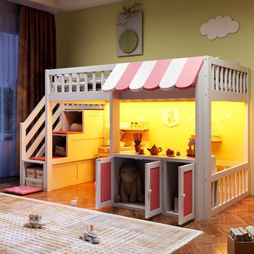 LUMISOL Twin Size Loft Bed with Storage Steps and Under Bed Cabinets, Playhouse Loft Bed Frame with LED Light, White+Pink