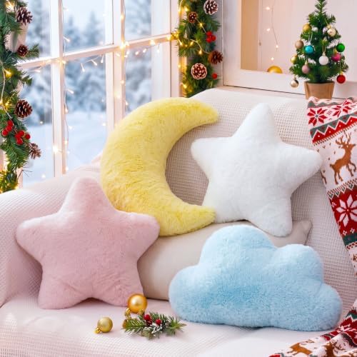 Junkin 4 Pcs Plush Cloud Star Moon Throw Pillow Set, Mixed Colored