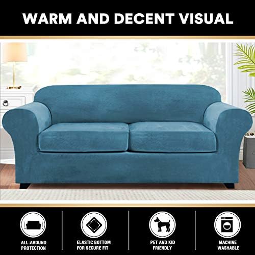 PrinceDeco Couch Cover Velvet Plush Sofa Covers for 2 Cushion Couch Width Up to 90 Inch Washable Furniture Protector Pet Friendly No Slip Sofa Slipcover(Medium-Large, Blue)