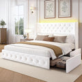 LARMACE King Size Bed Frame with LED Lights and 4 Storage Drawers Velvet Upholstered Platform Bed Frame with 47.2" Tall Tufted Headboard Wingback, No Box Spring Needed, Easy to Assemble, White