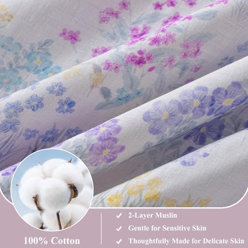Purple Floral Duvet Cover Set Twin Size 68"×86",100 Cotton Lavender Duvet Cover with 2 Pillowcases,Muslin Gauze Bedding Set for Teen Girls Women,Breathable Soft Comforter Covers 68"×86"