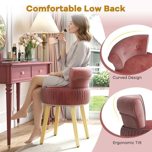 CHARMAID Velvet Vanity Chair for Bedroom, Elegant Accent Chair with Tufted Low Back, Solid Wood Legs, Upholstered Seat, Modern Makeup Stool for Dressing Room, Home Office (Burgundy & Natural)