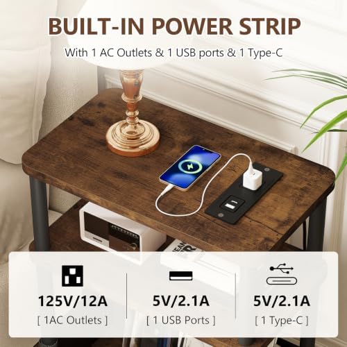 Small Narrow Side Table with Charging Station, 3-Tier Skinny End Table with Fabric Basket, Easy Assembling, Slim Nightstand Bedside Table for Small Spaces, Living Room, Bedroom