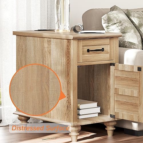 WAMPAT Farmhouse End Table with Charging Station, Narrow Side Table, Oak