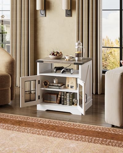 WLIVE Farmhouse End Table with Charging Station & LED Light for Living Room