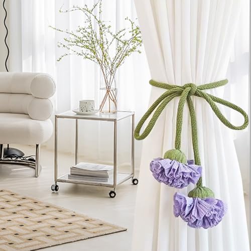 Handmade Curtains Tiebacks, Boho Flower Curtain Tie Backs Curtain Holder Tie Backs for Curtains Braided,Cute Flower Curtain Ties Decorative Rope for Bedroom Window Treatment (Purple)