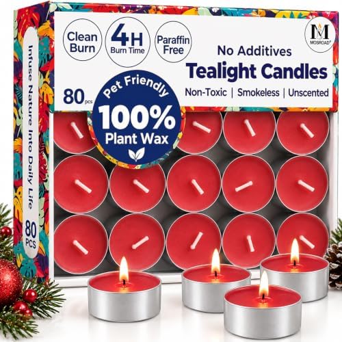 Red Tea Lights Candles 80 Pack, 4 Hour Unscented Tealight Candle