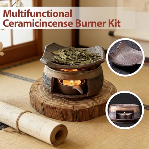 Ceramic Incense Burner Kit, Zen Incense Holder with Candle Clip,Mat & Heat Resistant Brick, Ceramic Aromatherapy,Stove Essential Oil Burner, Suitable for Home and Office Use.