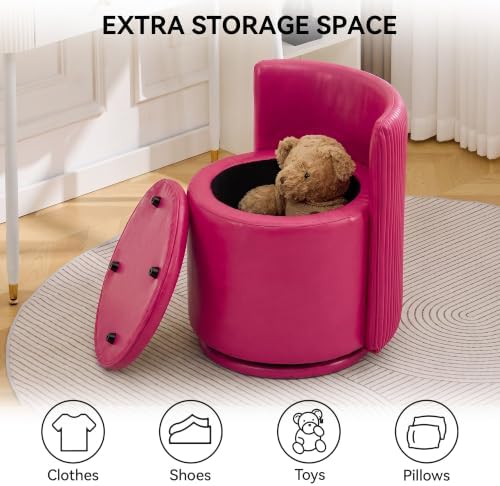 Faux Leather Vanity Chair with Storage,360° Swivel Makeup Chair,Fuchsi Pink