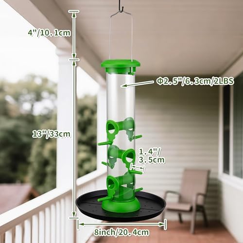 Tube Bird Feeders for Outdoors, 13" 6-Port Seed Catcher, Lawn Green, 2 PK