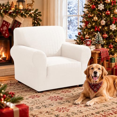XINEAGE Stretch Armchair Slipcover, Non-Slip Pet Couch Cover,Beige White