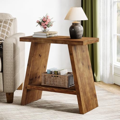 Solid Wood End Table for Living Room, Narrow Small Side Table with 2-Tier Storage, Farmhouse Bedside Nightstand for Bedroom, Small Places, Rustic Brown (1PCS)