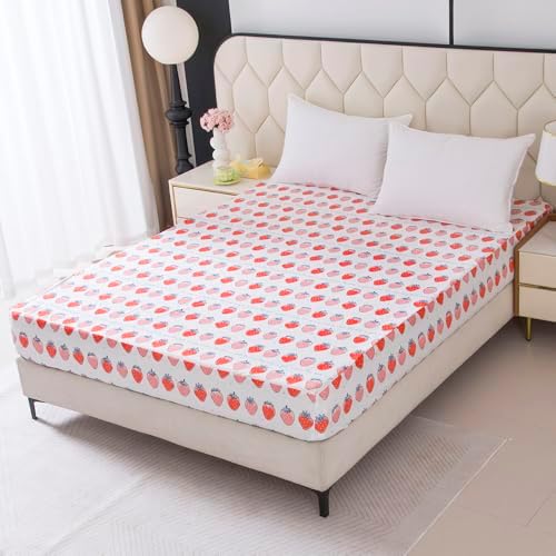 Bedding Fitted Sheet with Deep Pocket,Cute Fruit Printed Fabric Bed Sheets (Pink Strawberry, Twin)