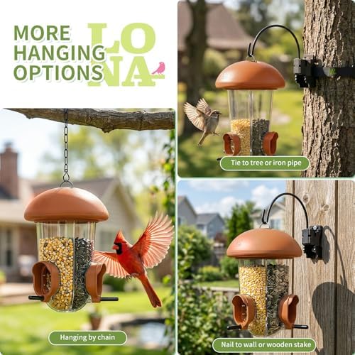 LONA Bird Feeder with 3 Compartments, Dome Bird Feeder for Outdoors, Brown