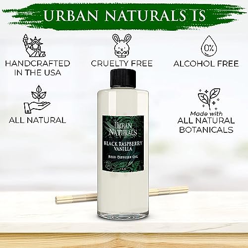 Urban Naturals Reed Diffuser Oil Refill Black Raspberry Vanilla with BlackBerry, Raspberry, Vanilla Orchid, Amber, Sandalwood 8 oz + Free Reed Sticks, Made in the USA