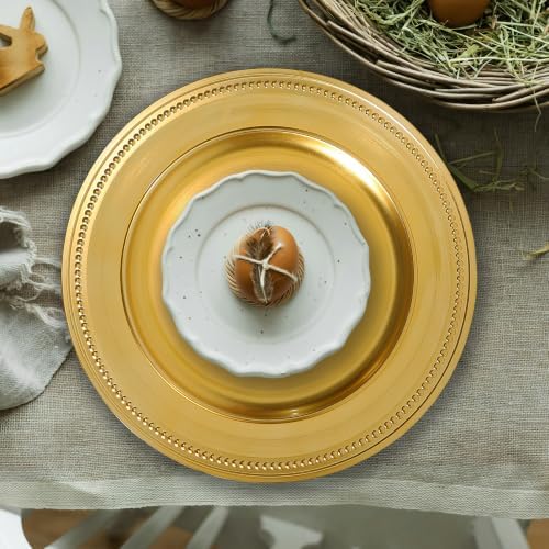 13" Vintage Charger Plates, Beaded Chargers for Dinner Plates Set of 6, Charger Plates Bulk Wedding, Foil Gold