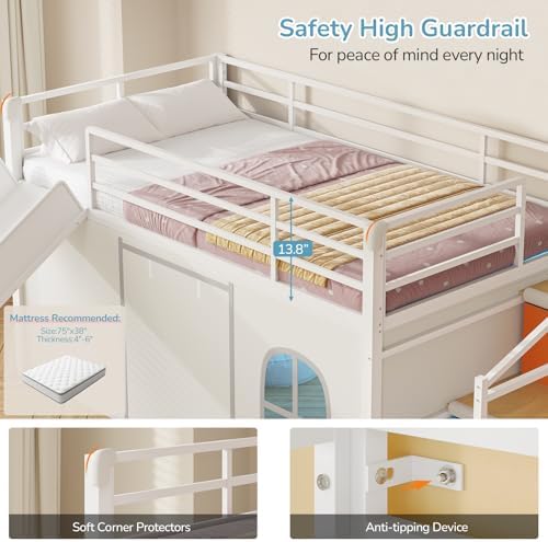 Twin Low Loft Bed with Slide and Safety Staircase, 2 Storage Drawers, Kids Twin Size Loft Bed with LED Lights, Under-Bed Play Tent, Built-in Desk, Metal Loft Bed with Safety Guardrail, White