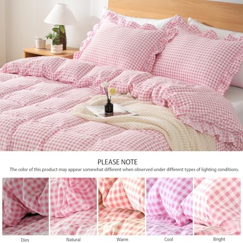Gingham Duvet Cover Full Size, 3 Pieces Soft Breathable Microfiber Plaid Duvet Cover with Zipper Closure & 2 Pillow Shams, Ruffle Farmhouse Vintage Decor, Pink