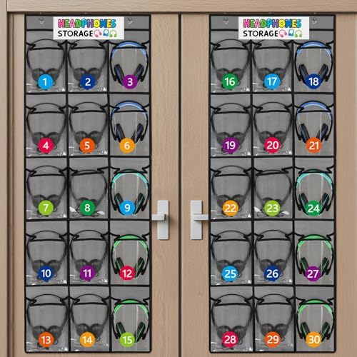 2 Pack Classroom Headphone Storage Organizer with 30 Pockets & 62 Labels