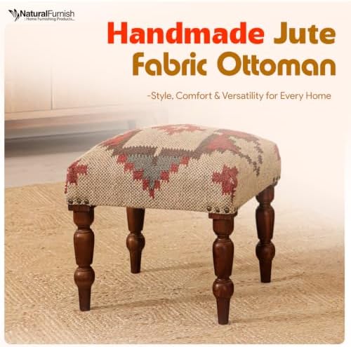 Handmade Jute Upholstered Ottoman Stool | Square Foot Rest with Wooden Legs | Decorative Accent Seating for Bedroom, Living Room, Entryway, Vanity & Hallway (Beige-Red)