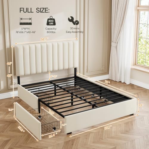 Welzona Full Size Upholstered Bed Frame with Headboard & 4 Drawers, White