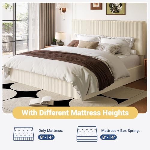 Allewie King Bed Frame, Adjustable Corduroy Headboard, Platform, Cream