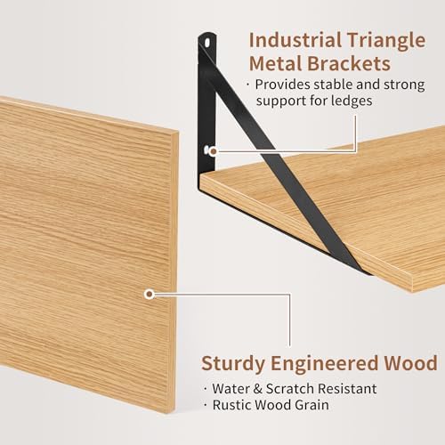 Axeman Deep Floating Shelves, 12 Inch Deep Rustic Oak Floating Wall Shelves Set of 2, 16W x 12D Large Floating Shelves Living Room Cleanning Room Laundry Room Garage - Oak with Black Brackets