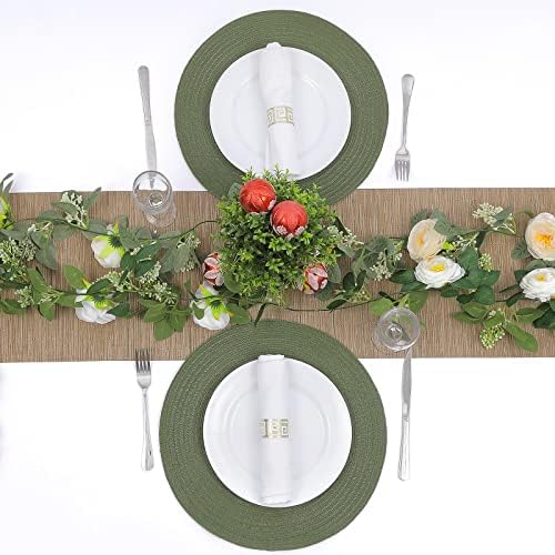 SHACOS Round Placemats Set of 4 Washable 15 inch Round Table Mats Cotton Polyester Woven Braided Place Mats for Dining Table Wedding Party Decor (Olive Green, 4)