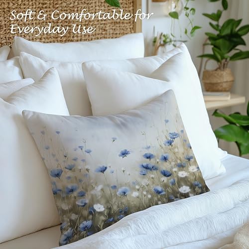 Vintage Blue White Floral Pillow Cover 12x20, Cottagecore Botanical Wildflower Field Landscape Decorative Lumbar Pillow Cover for Couch Bed Living Room Bedroom