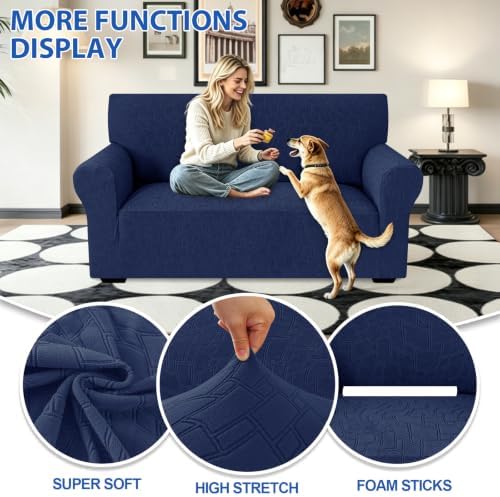 MAXIJIN Waterproof Loveseat Cover Couch Covers (55"-69"), Stretch Love Seat Sofa Slipcovers with Non Slip Elastic Bottom, Dog Pet Friendly Furniture Protector Washable (Medium, Navy Blue)