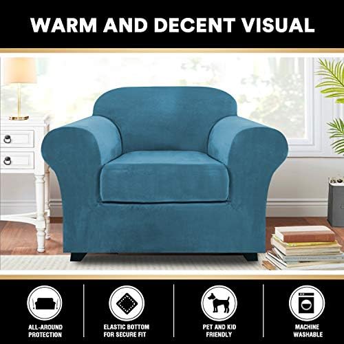 PrinceDeco Velvet Plush Couch Cover Stretch 2 Piece Chair Cover Chair Slipcover Washable Furniture Protector Couch Soft with Elastic Bottom Armchair Cover Width Up to 49 Inch(Small, Blue)
