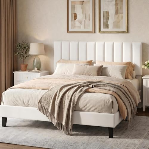 Garvee Full Size Platform Bed Frame with Upholstered Headboard, White