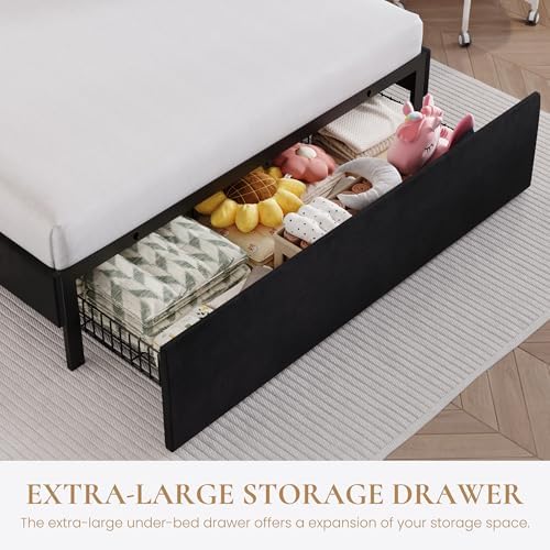 SHA CERLIN Full Size Bed Frame with LED Lights and Storage Drawer, Black
