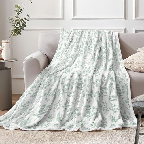 Floral Fuzzy Blanket Green Floral Throw Blanket, Botanical Flowers Blankets, Soft, Flannel, Warm, Boho Flowers Bed Blankets All Season for Couch Bedroom Living Room 60X80 Inch