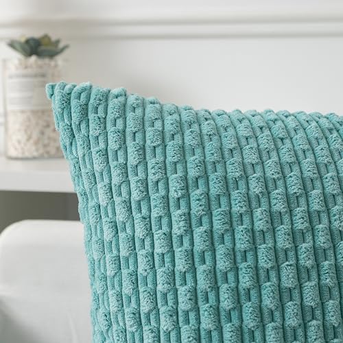 Kevin Textile Soft Corduroy 20x20 Inch Pillow Covers 2 Pack, Aqua Green